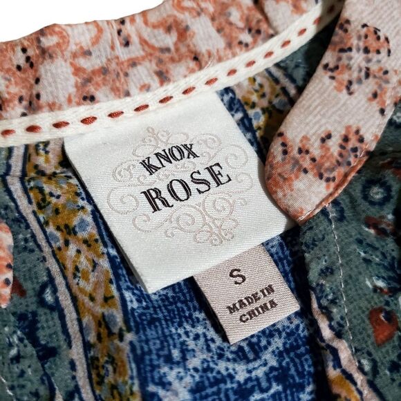 Knox Rose Womens Bohemian Pink/Green Top Size Small Earthy Semi-Sheer Tie-Front - Picture 12 of 13